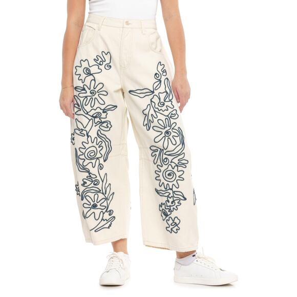 We The Free By Free People Ivory Combo Soutache Good Luck Barrel Jean 31 NEW